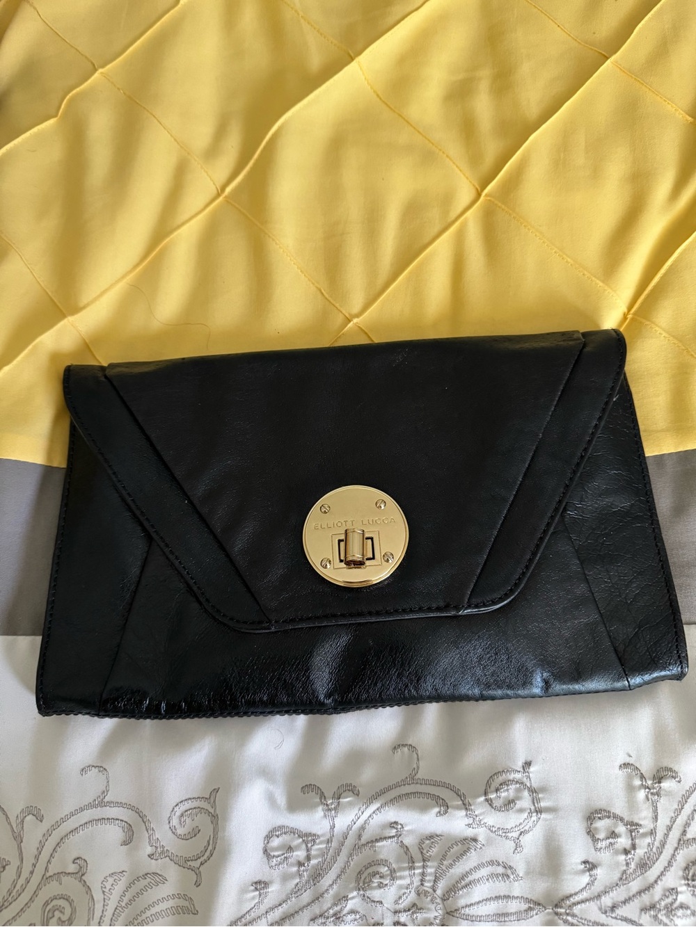 Elliott Lucca Black Leather Envelope Clutch with Gold Turn-Lock